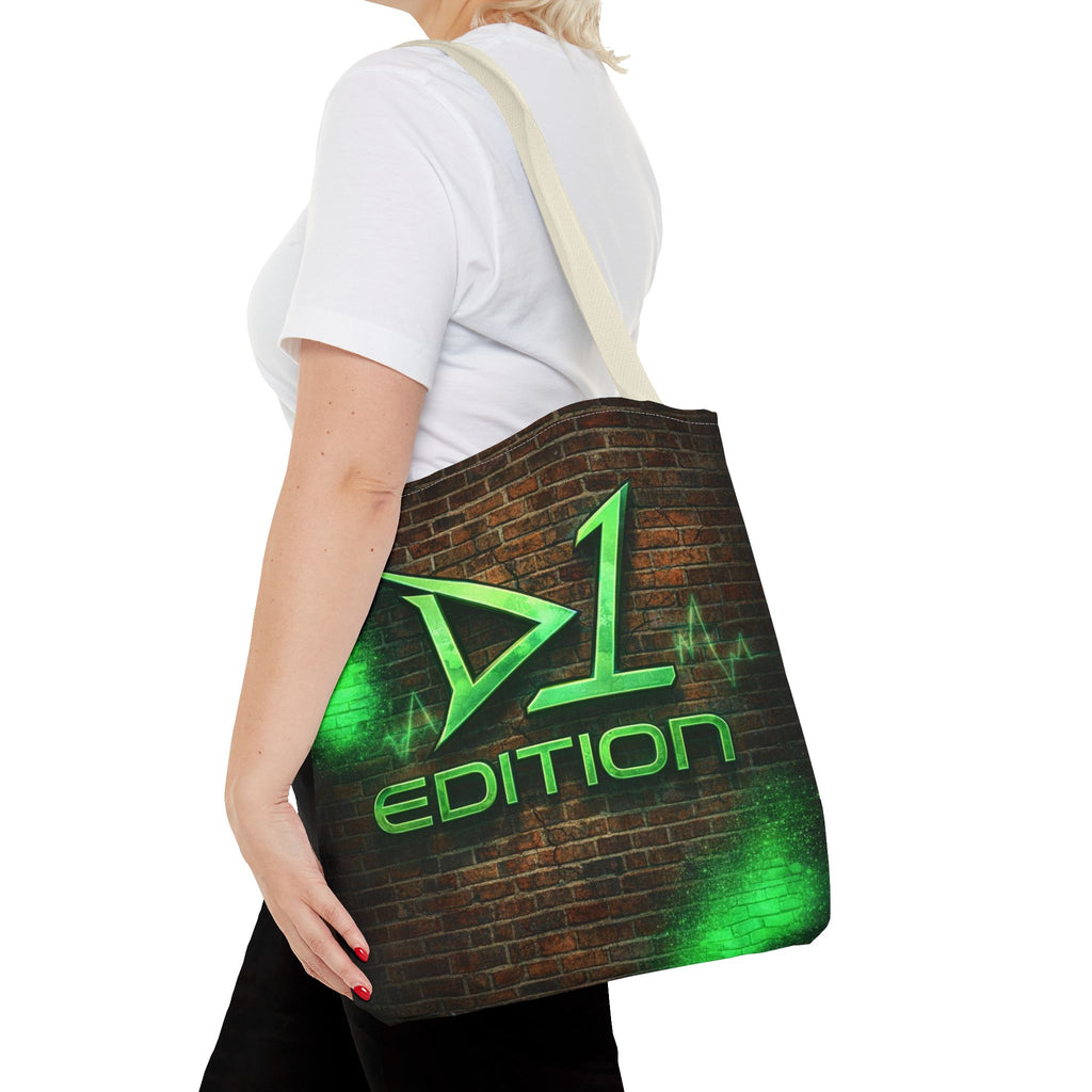 D1 Edition Graphic Tote Bag - Green Neon Brick Wall Design