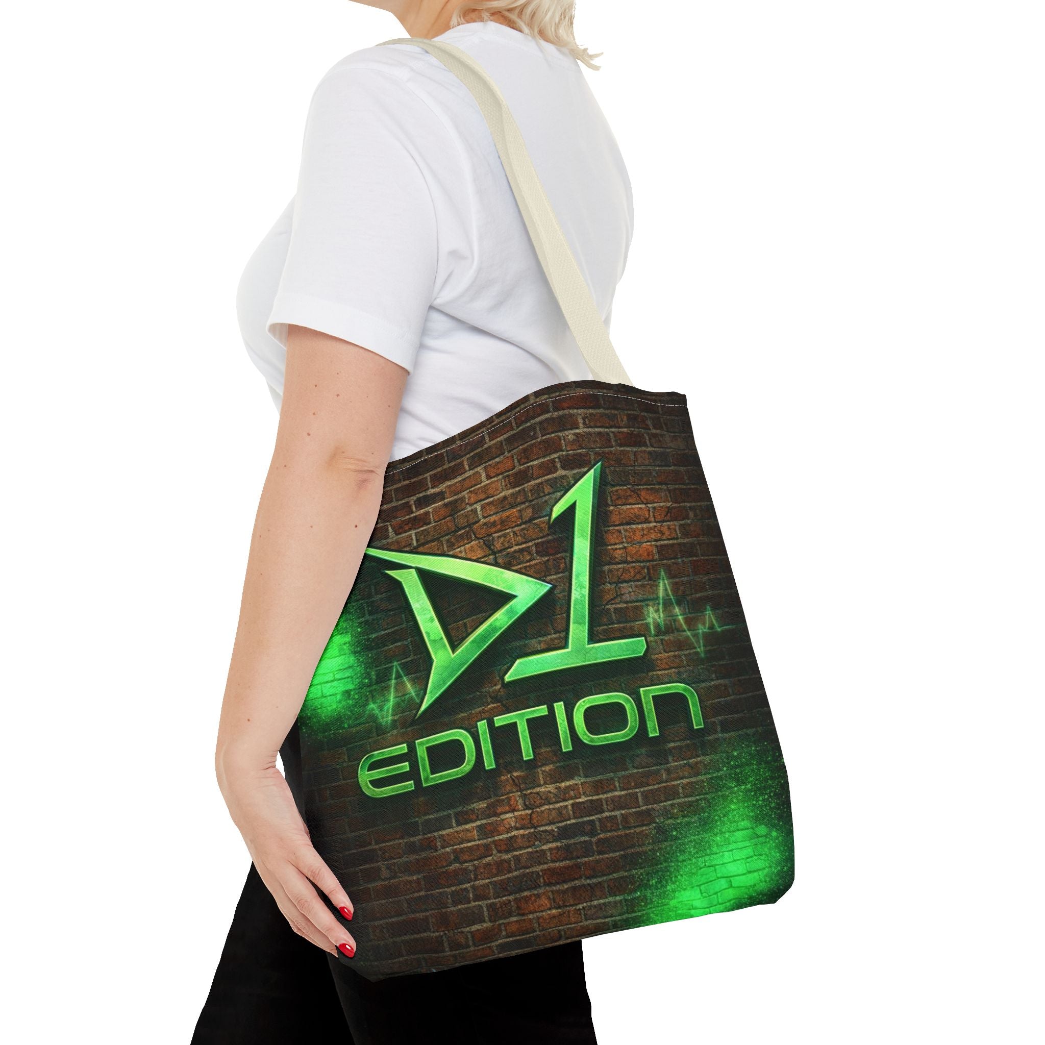 D1 Edition Graphic Tote Bag - Green Neon Brick Wall Design
