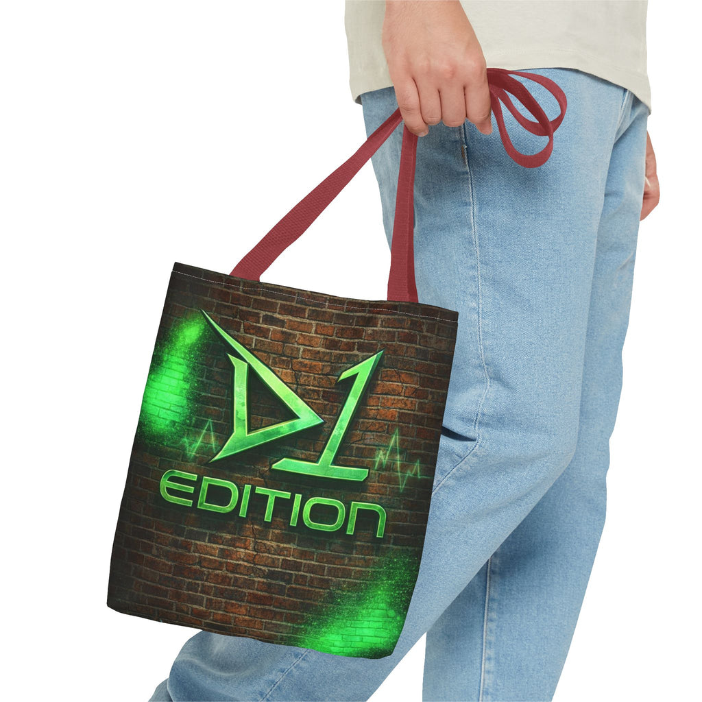 D1 Edition Graphic Tote Bag - Green Neon Brick Wall Design