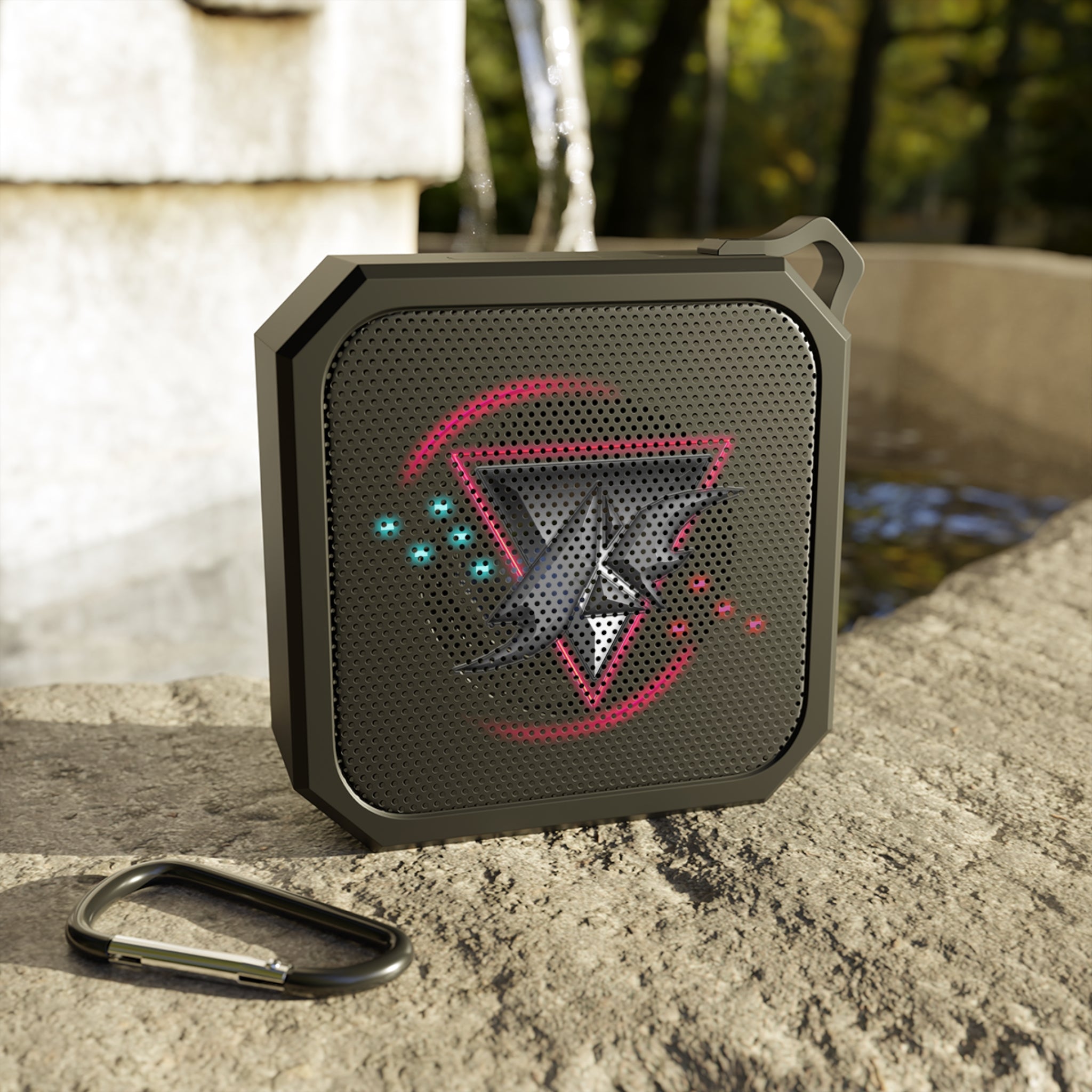 Outdoor Bluetooth Speaker - Blackwater Rugged Portable Speaker with Neon Geometric Sycho Syndicate Logo Design