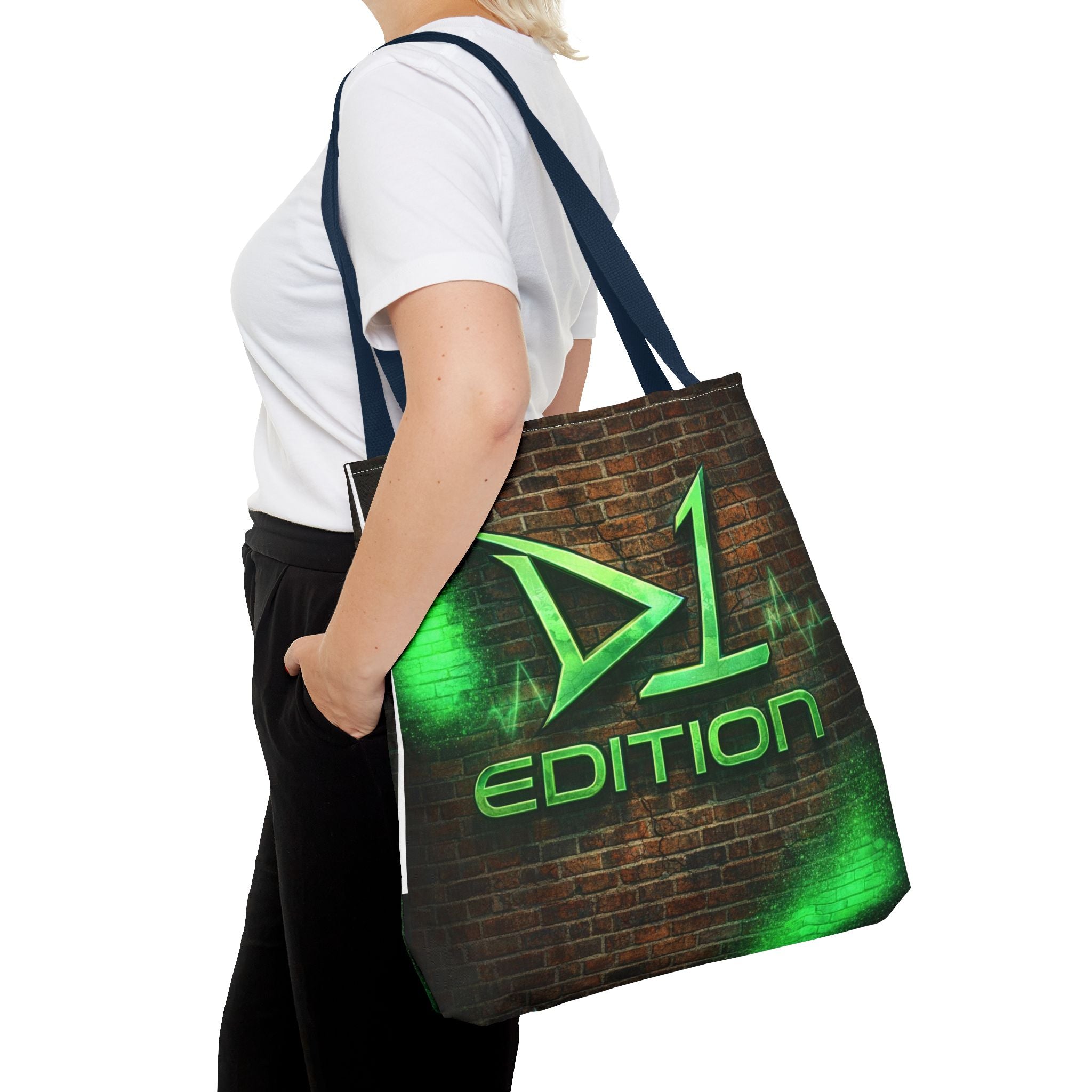 D1 Edition Graphic Tote Bag - Green Neon Brick Wall Design
