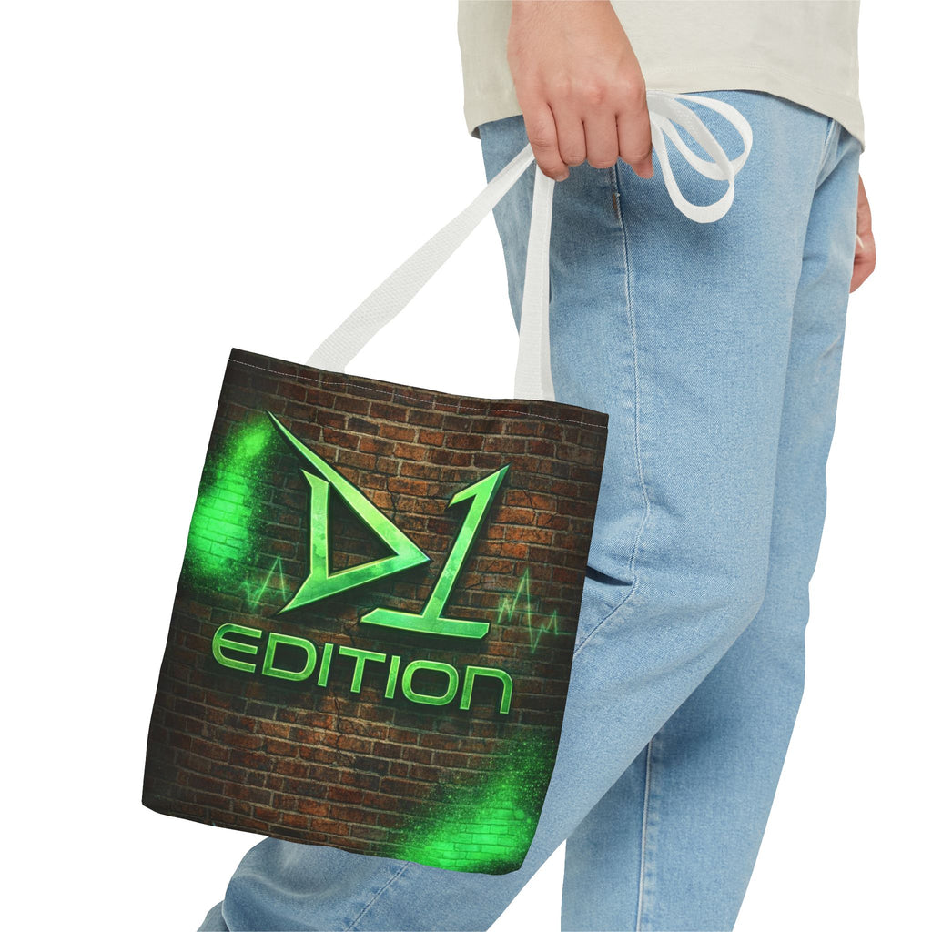 D1 Edition Graphic Tote Bag - Green Neon Brick Wall Design