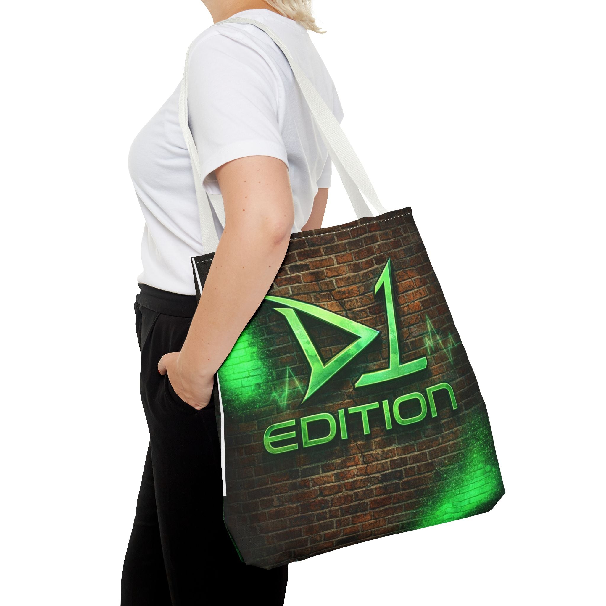 D1 Edition Graphic Tote Bag - Green Neon Brick Wall Design