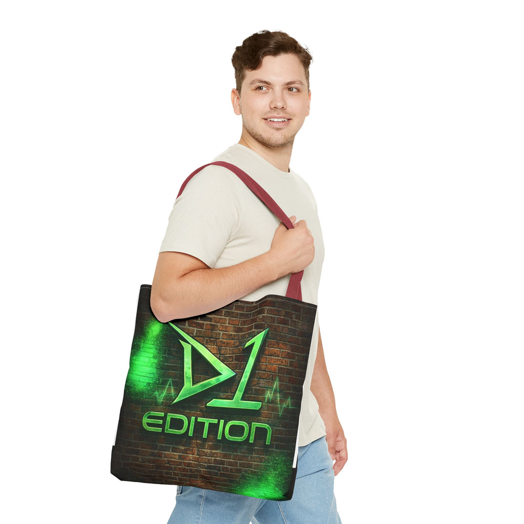 D1 Edition Graphic Tote Bag - Green Neon Brick Wall Design