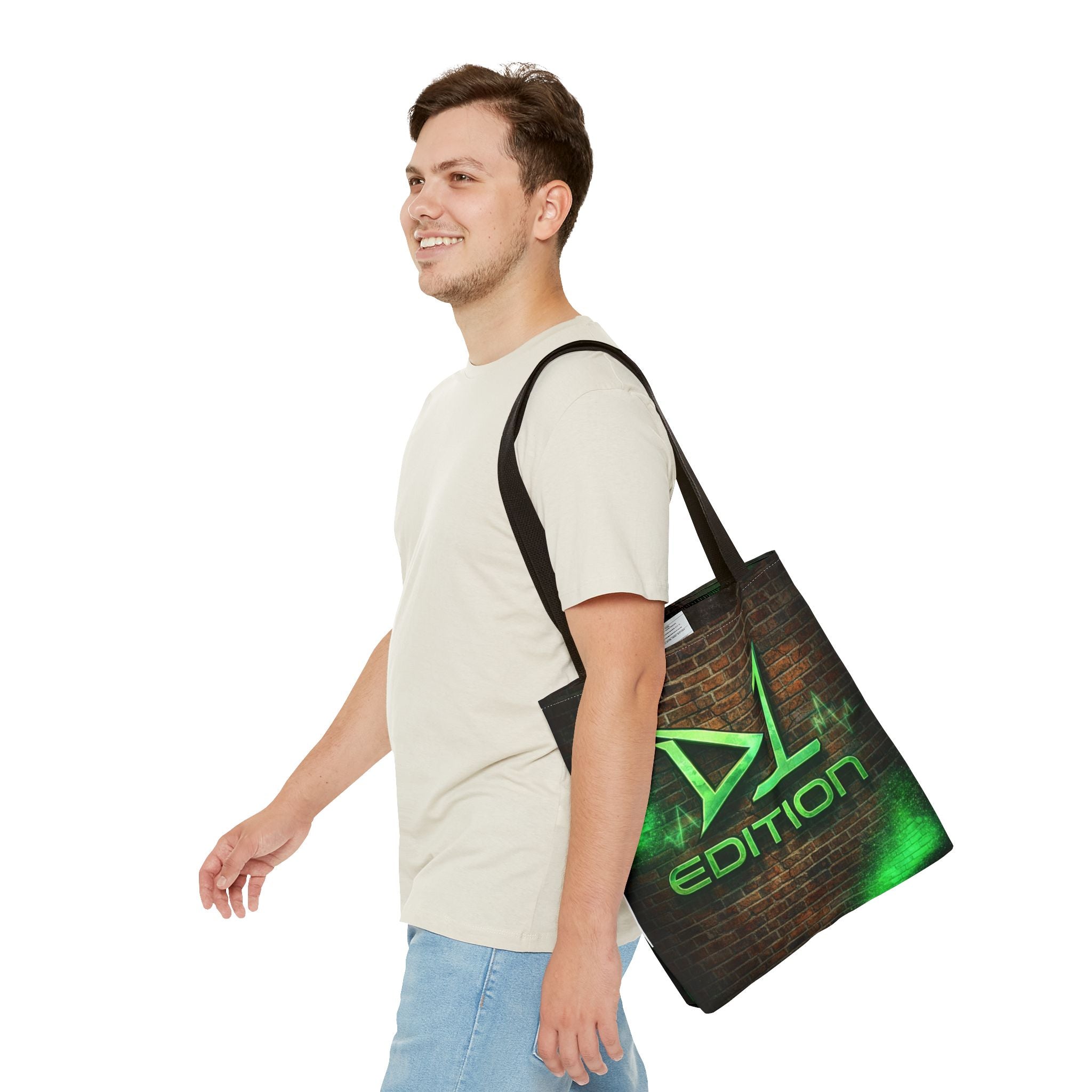 D1 Edition Graphic Tote Bag - Green Neon Brick Wall Design