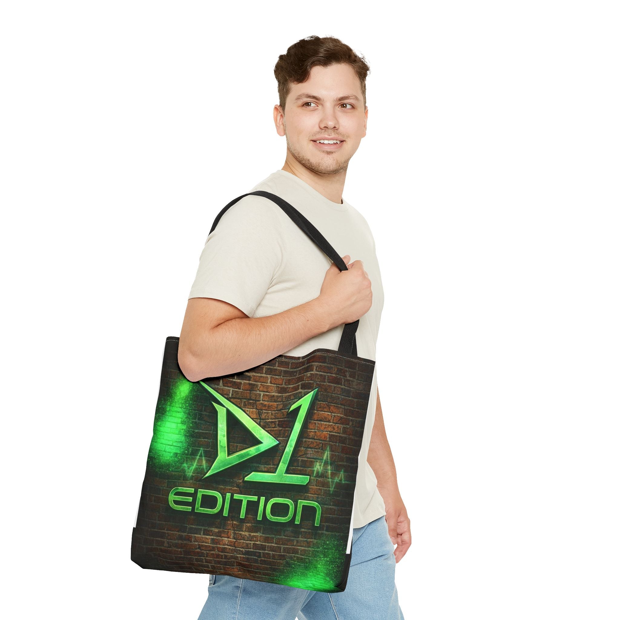 D1 Edition Graphic Tote Bag - Green Neon Brick Wall Design