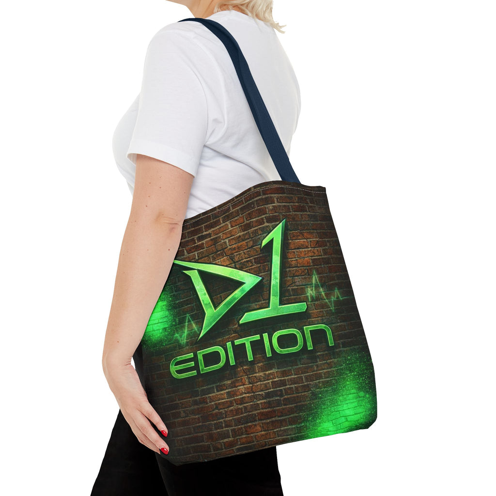D1 Edition Graphic Tote Bag - Green Neon Brick Wall Design