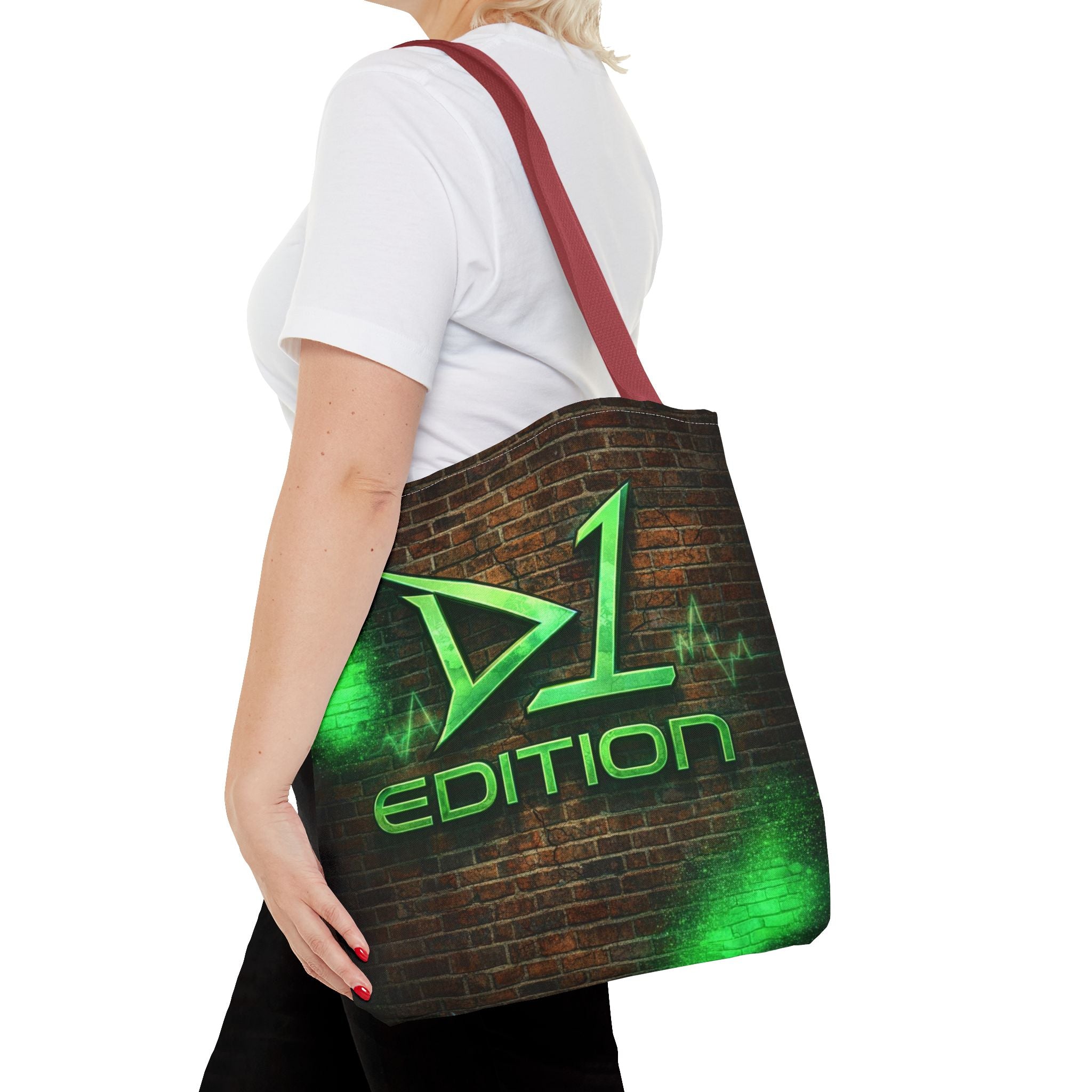 D1 Edition Graphic Tote Bag - Green Neon Brick Wall Design
