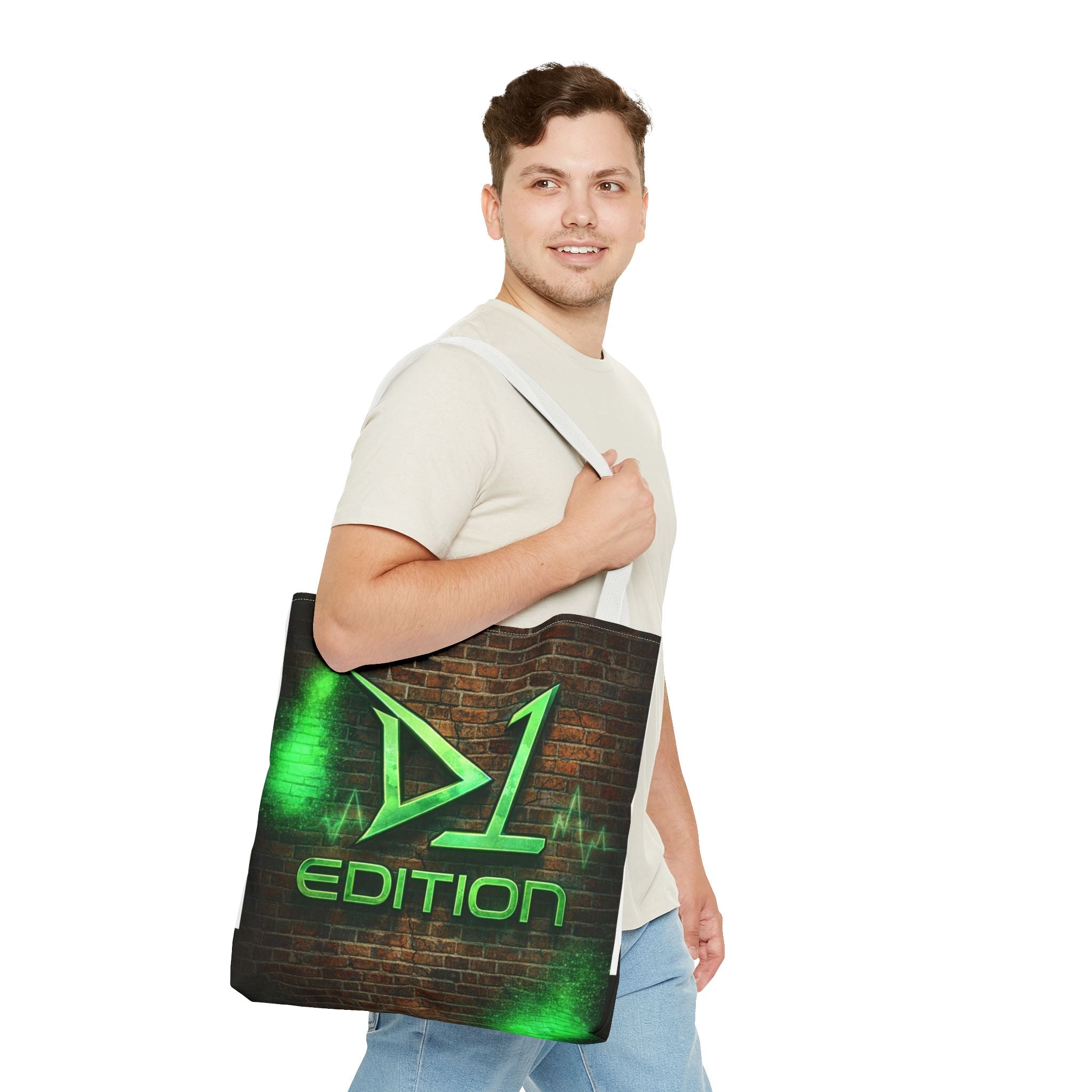 D1 Edition Graphic Tote Bag - Green Neon Brick Wall Design