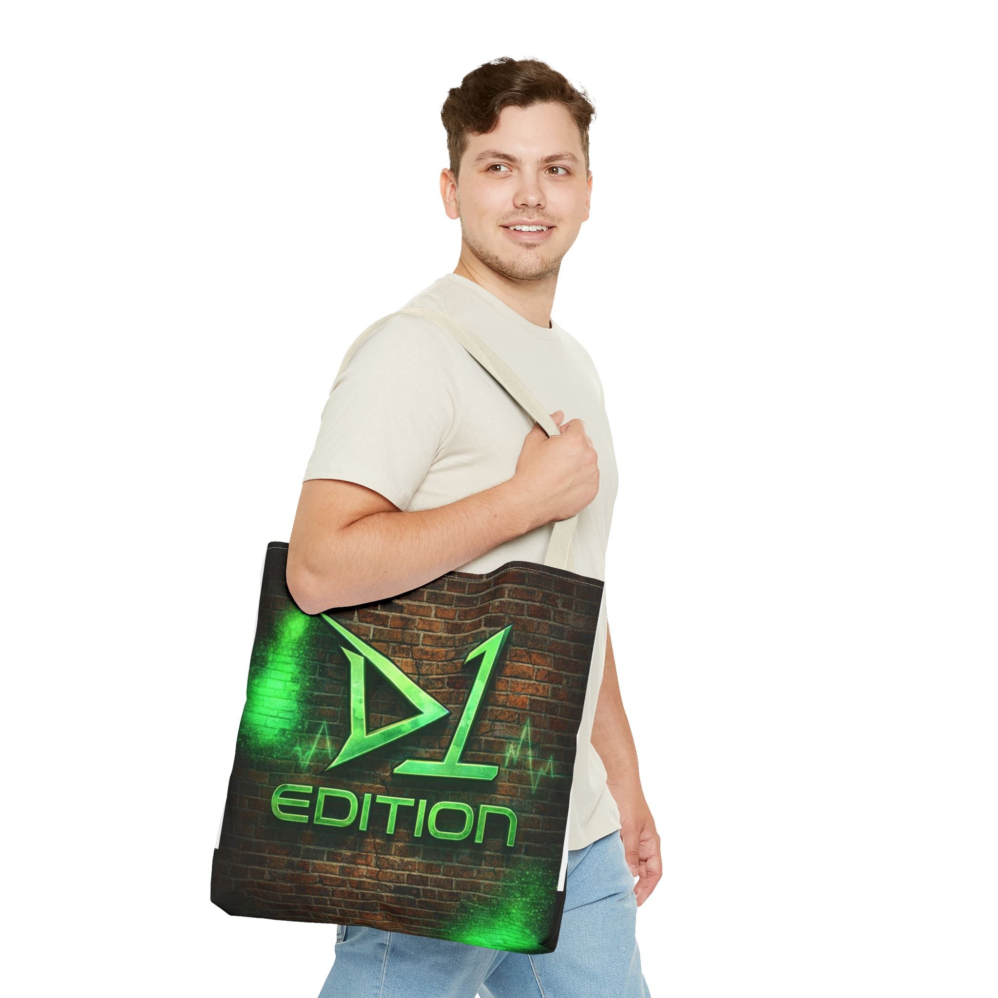 D1 Edition Graphic Tote Bag - Green Neon Brick Wall Design