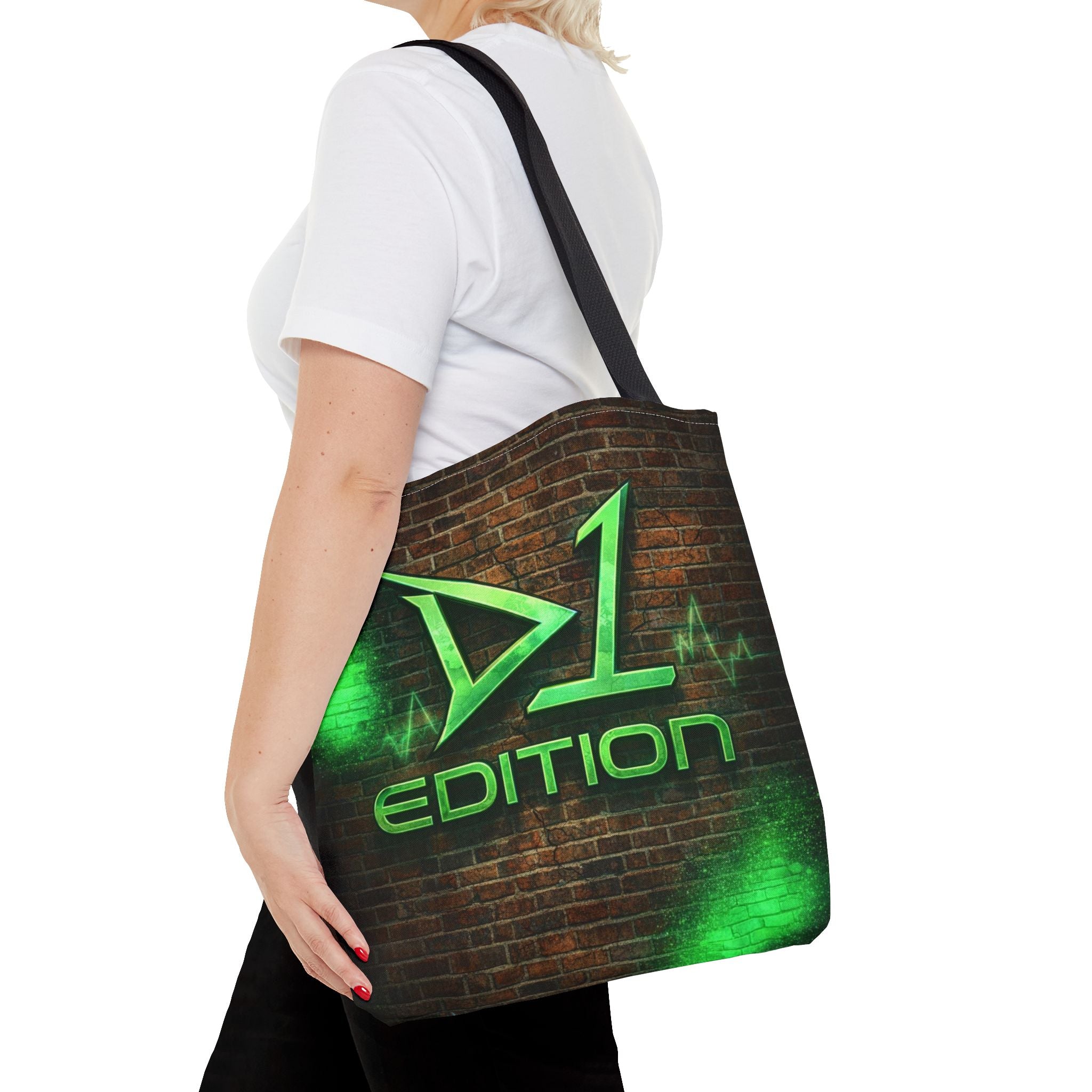 D1 Edition Graphic Tote Bag - Green Neon Brick Wall Design