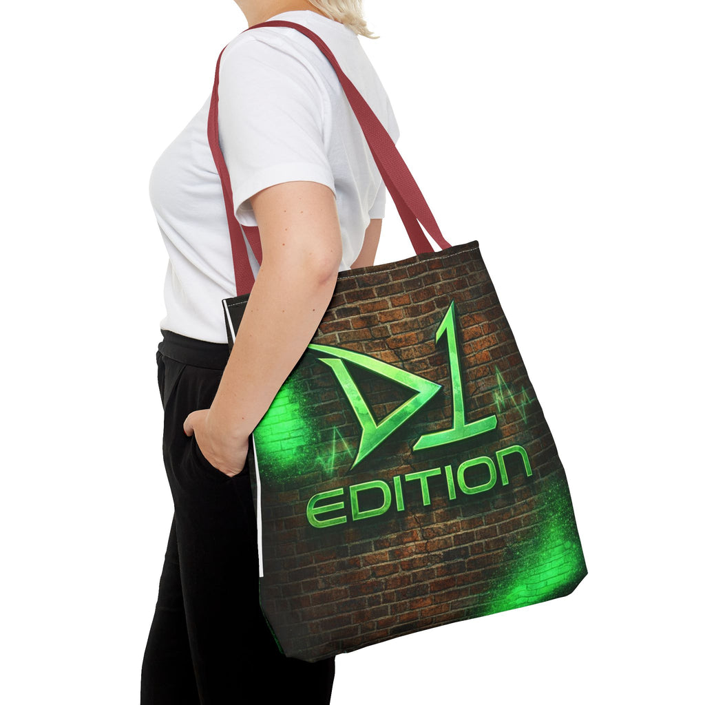 D1 Edition Graphic Tote Bag - Green Neon Brick Wall Design