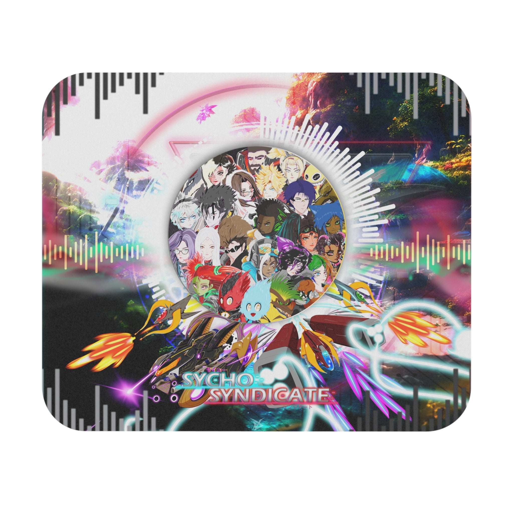 Sycho Syndicate characters collage Mouse Pad | colorful vaporwave soundwave design